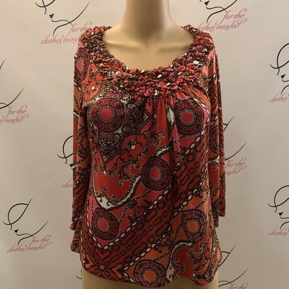 New Directions. Size PS. BOHO Pullover Stretch Ruched Neck Top. 3/4 Sleeve .B64 - Picture 1 of 5